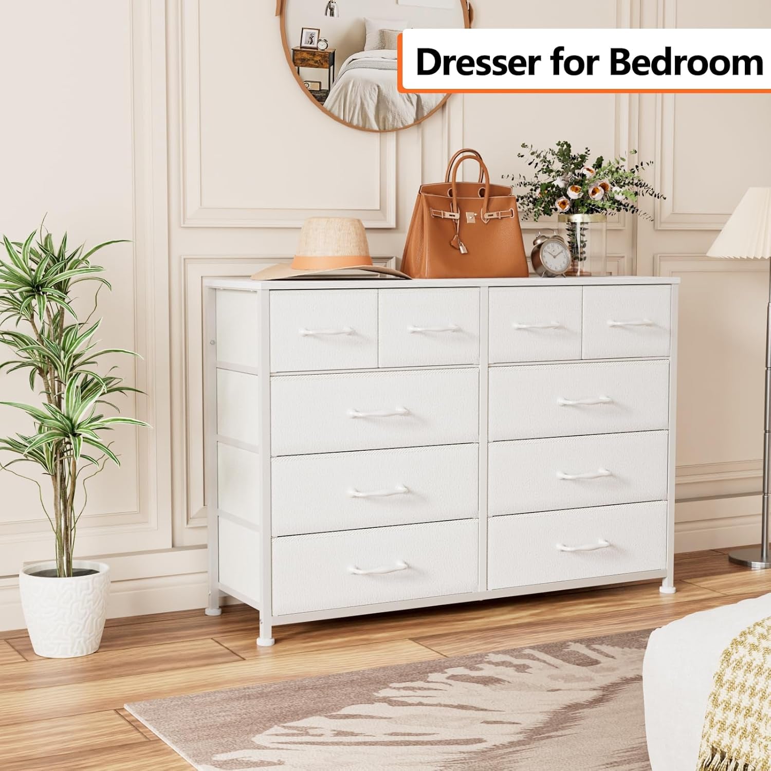 White Bedroom Dresser for 55” TV Stand - Entertainment Center with 10 Fabric Storage Drawers, Sturdy Metal Frame Tall Storage Cabinet for Living Room and Entryway