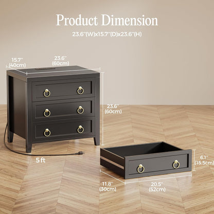 23.6-Inch Modern Nightstand with Charging Station and USB-C Port, Three Drawer Bedside Table, Black Finish