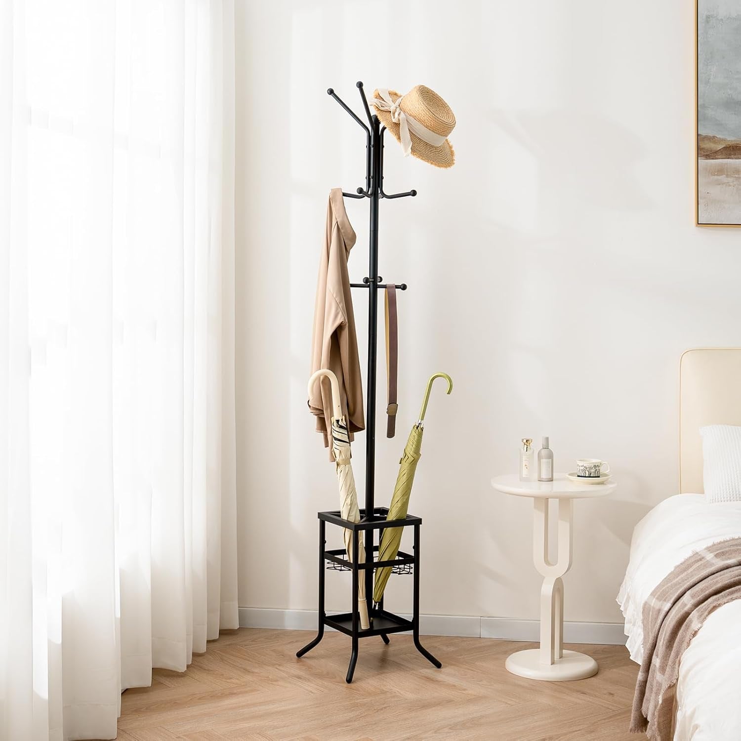 Coat Rack Freestanding, Coat Tree with Umbrella Holder, Metal Coat Rack Stand with 12 Hooks, Modern Coat Hanger Stand for Entryway, Purse Rack Hat Rack Stand for Living Room Bedroom Office