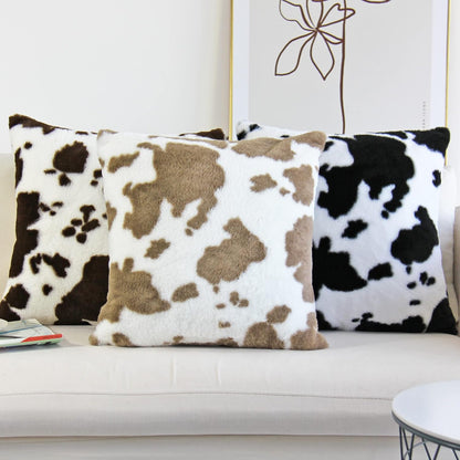 Cowhide Throw Pillow Covers Farmhouse Animal Skin Soft Cozy Fleece Flurry Cushion Case Cow Pattern Faux Fur Pillowcases for Couch Bedroom Set of 2 18 X 18 Inch Black