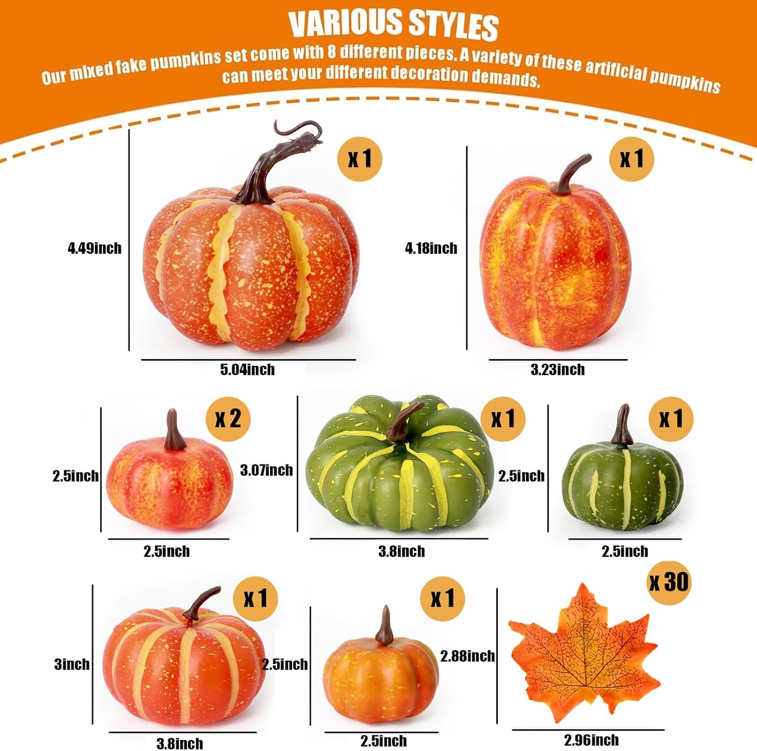 38 PCS Assorted Artificial Pumpkin Set, 8PCS Stacking Pumpkins with 30PCS Maple Leaves for Fall Harvest Home Thanksgiving Halloween Decor