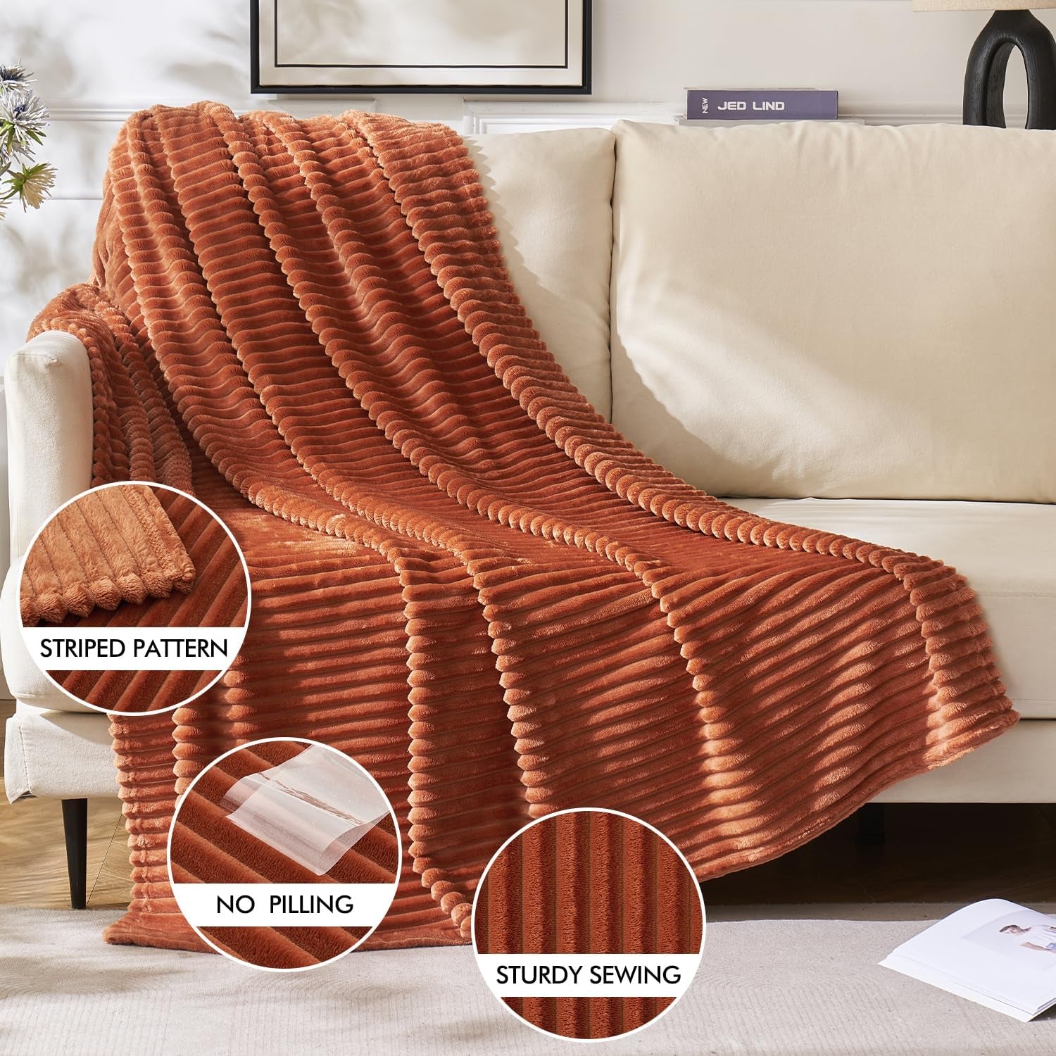 Fall Rust 3D Ribbed Jacquard Fleece Throw Blanket - Plush Velvet Decorative Bed Blanket (50" x 60") - Super Soft, Lightweight, and Cozy for Home Decor