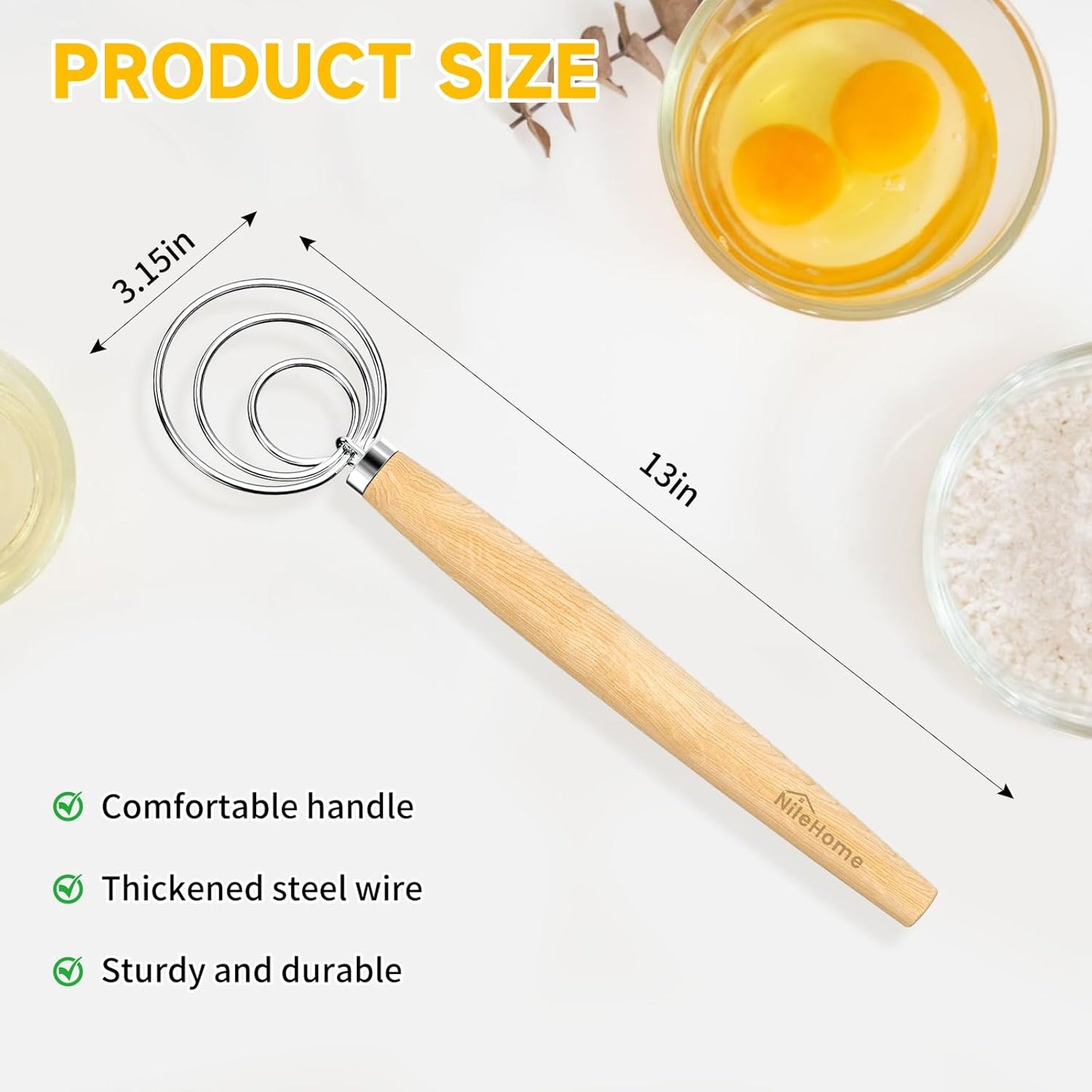 Dough Whisk, 13-Inch Wooden Danish Dough Whisk Sour Dough Tools with Stainless Steel Dough Hook Bread Whisk for Sourdough, Pizza, Pastry, Cake Batter Etc.