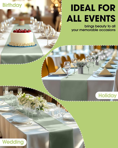 Sage Green Plastic Table Runners - 12 Pack, 14'' X 108'', Water Resistant & Disposable Centerpiece Decorations for Table Cloth, Wedding, Birthday, Holiday, Baby Shower, Party, Home Decor