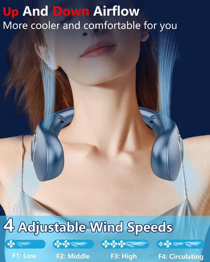 Portable Neck Fan Rechargeable,Personal Fans for Your Neck Battery Operated,Bladeless Folding Neck Fans That Blow Cold Air,Cooling Neck Fan Hands Free,Wearable Necklace Fan for Women Men Kids Blue