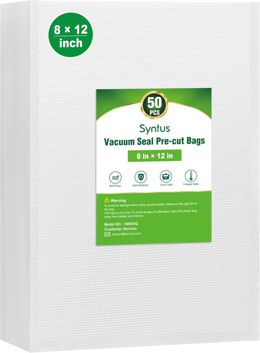 Vacuum Sealer Bags for Food, 50 Count Quart 8" X 12" Commercial Grade Precut Bag, BPA Free Food Vac Bags for Storage, Meal Prep or Sous Vide