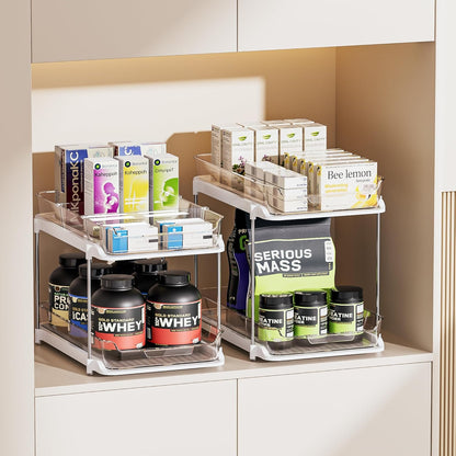 2 Sets of 2-Tier Multi-Purpose Bathroom under Sink Organizers and Storage, Stackable Kitchen Pantry Organization, Pull Out Medicine Cabinet Organizer with 8 Movable Dividers