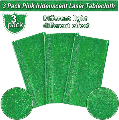 3 Pack Iridescent Green Plastic Tablecloths, Shiny Disposable Laser Rectangle Table Covers, Holographic Foil Tablecloth for St. Patrick'S Day Birthday Christmas Witch Theme Party, 54X108Inch