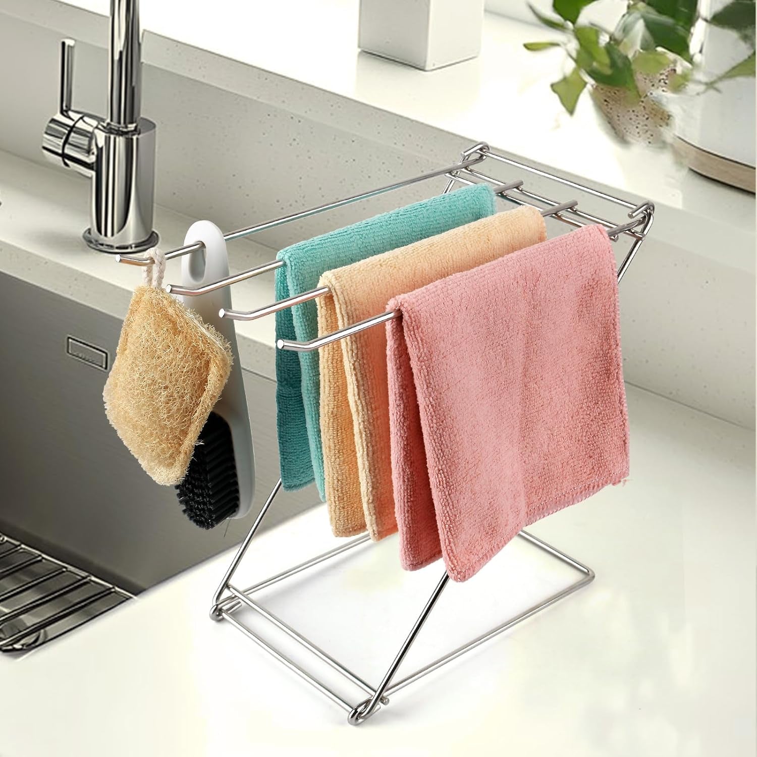 Kitchen Towel Holder Stand, 4-Arm Dish Towel Holder Countertop Towel Drying Rack for Bathroom, Free Standing Hand Towel Stand Washcloth Dish Cloth Drying Rack, Z-Shaped Folding Hanging Towel Bar Stand