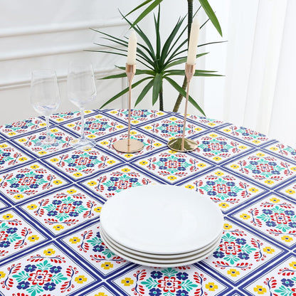 round Fitted Tablecloth with Elastic Edge, 100% Waterproof Oil Proof Plastic Table Cover, Vinyl Flannel Backed Tablecloth Fits 36"-44" round Tables for Dinner, Outdoor, Picnic, Geometric Flower