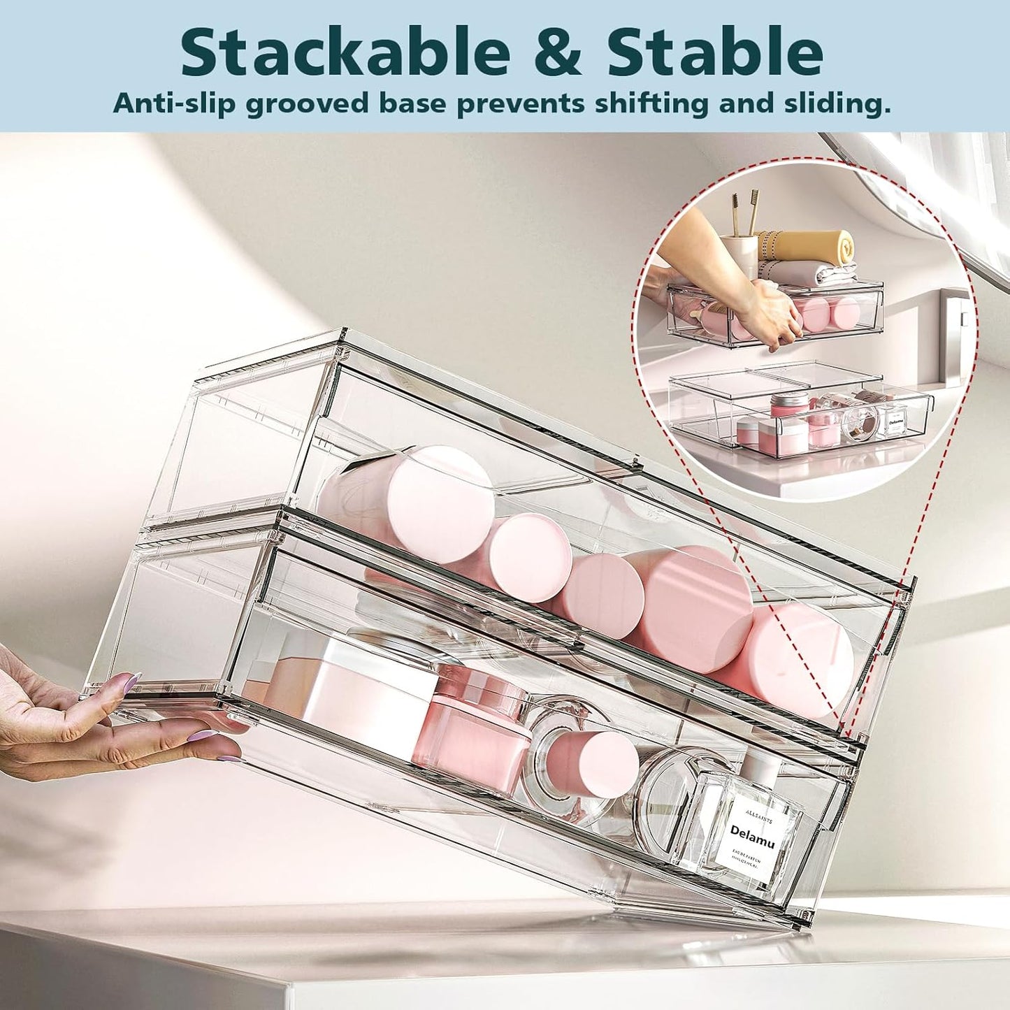 Acrylic Stackable Storage Drawers, 3.5'' Non-Slip Bathroom Makeup Organizer Countertop, Clear Drawer Organizers for Vanity, Bathroom, Office, Undersink, Kitchen, Pantry, Cabinet, 2 Pack