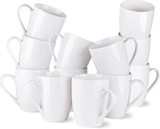 12 oz Off-White Ceramic Coffee Mug Set with Large Handle, Lightweight and Dishwasher & Microwave Safe, Ideal for Latte, Cappuccino, Cocoa, and Milk, 12 Pieces