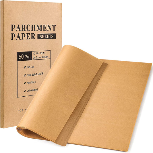 Parchment Paper Sheets, Unbleached Parchment Baking Sheets, Precut Parchment Paper 12 X 16 IN, Non-Stick Parchment Paper for Baking Grilling Air Fryer Steaming Bread Cake Cookie - 50 Count