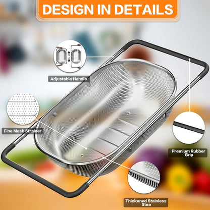 Expandable Over-the-Sink Colander with Rubber Grip - Fine Mesh Strainer for Vegetables, Fruits, and Pasta - Essential Kitchen Tool (9.5W x 13.4-21.3L x 3.3H)