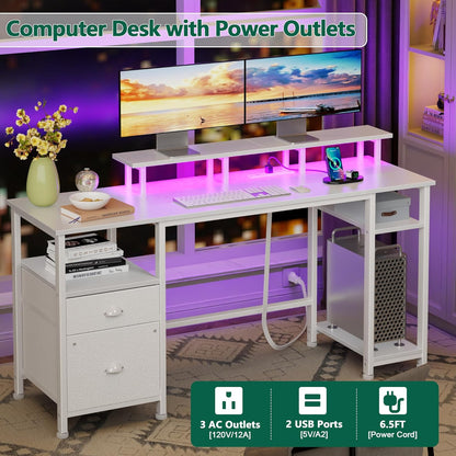 61" Computer Desk with Power Outlet and LED Lights, Reversible Gaming Desk with File Cabinet & Monitor Stand for Home Office, Large Work Table with Storage Shelves & Drawer, White