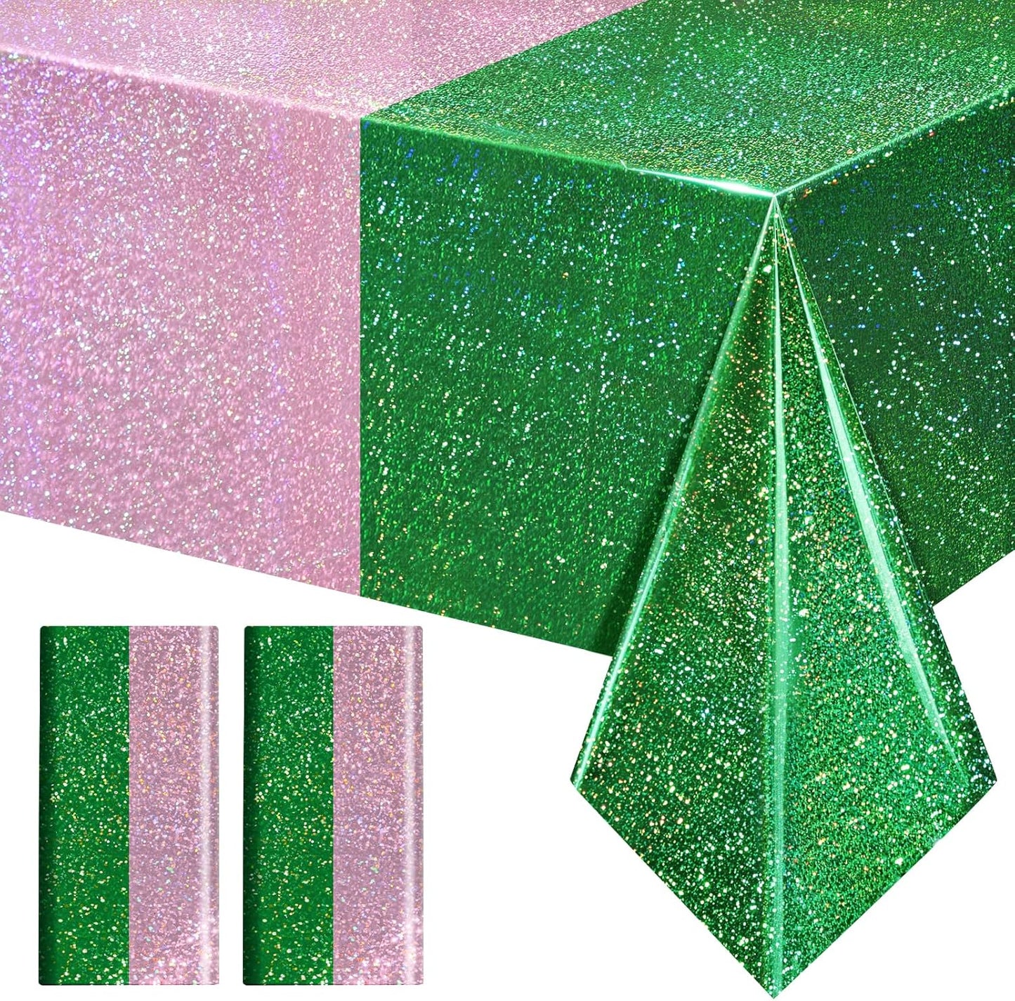 2-Pack Iridescent Green and Pale Pink Holographic Tablecloths 40x108" - Shiny Plastic Table Covers for Celebrations, Baby Showers, Birthdays, Weddings, Anniversaries, Bachelorette Parties, and Holiday Events