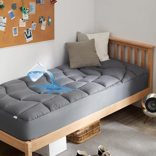 Twin Mattress Pad Waterproof - Ergonomic Quilted Fitted Twin Mattress Topper, 5-Layers Noiseless Washable Mattress Protector Cover with 8"-21" Deep Pocket (Grey, 39X75)