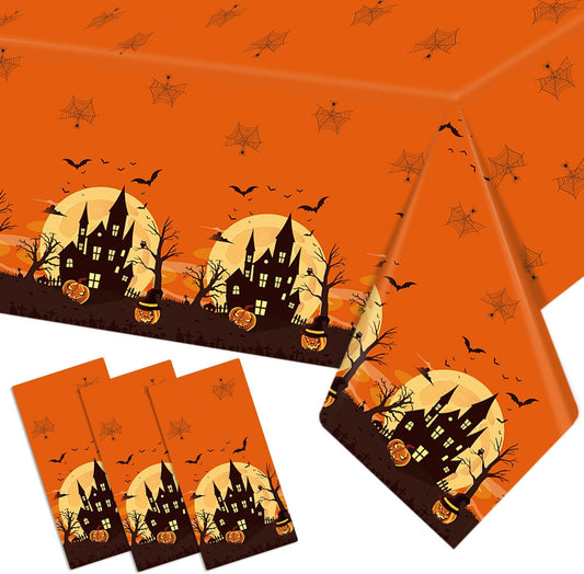 3 Packs Orange Halloween Tablecloth 54 X 108 Inches Scary Castle Ghost Pumpkin Table Cloth Disposable Waterproof Plastic Bat Spider Web Table Cover Trick or Treat for Halloween Party Dining