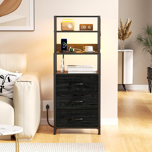 Tall Nightstand with 4-Tier Shelves, 3 Fabric Drawers, LED Charging Station, Black Oak Bedside Table for Bedroom, Hallway, and Home Office