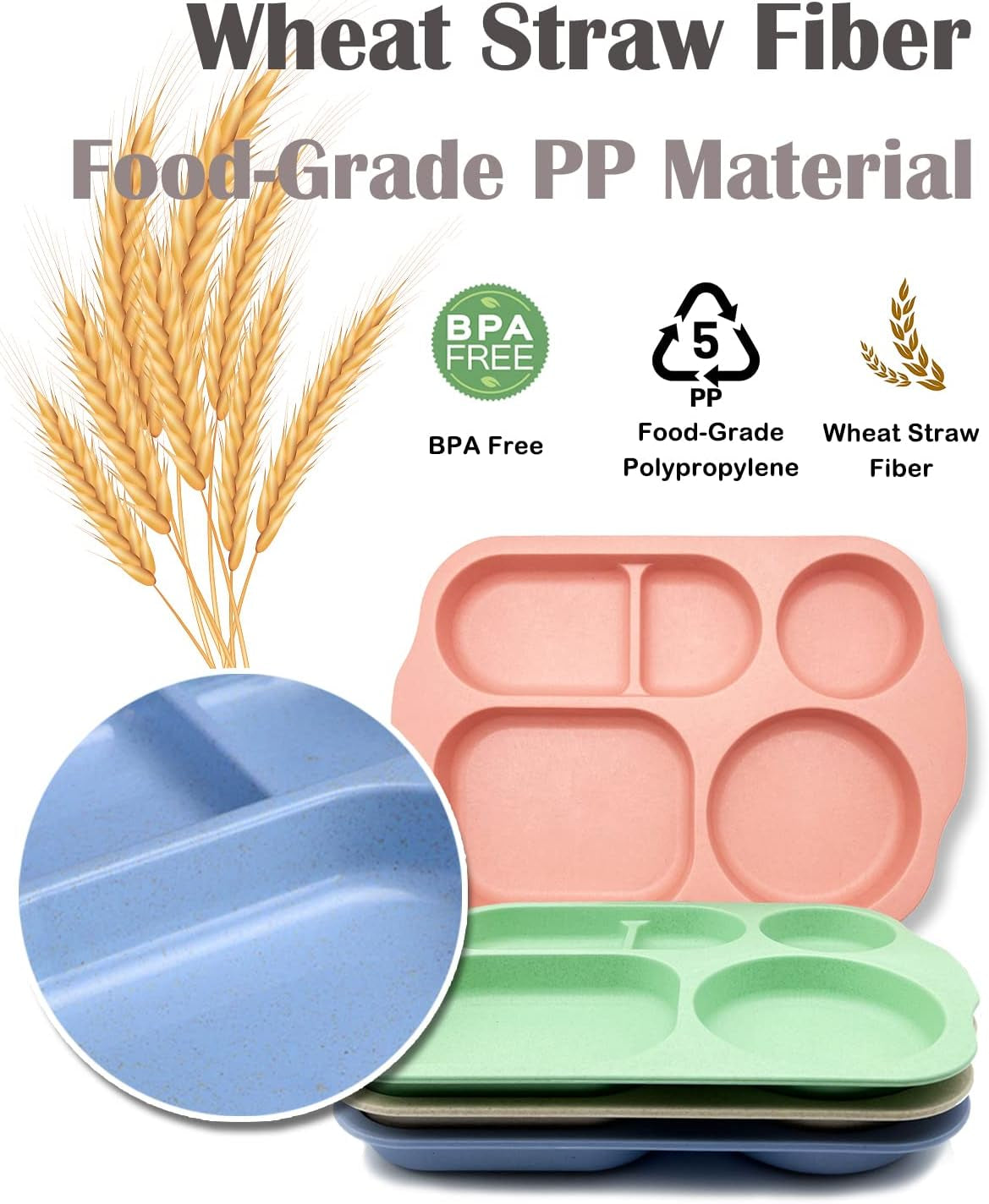 Unbreakable Divided Plates, 4 Pack Wheat Straw Tray, Large Fast Food Tray for Toddlers Adults Kids Children, Lightweight Plates, Dishwasher and Microwave Safe