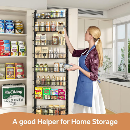 over the Door Pantry Organizer, 8-Tier Adjustable Spice Rack Cabinet Door Shelves, Hanging Seasoning Organizer for Kitchen Bathroom, Laundry Room Organization, Black