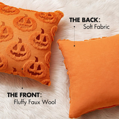 Fall Halloween Throw Pillow Covers 18X18 Decorative Pumpkin Pattern Pillowcases Soft Plush Faux Wool Cushions for Home Patio Sofa Couch,Orange