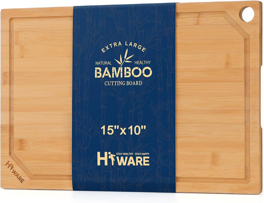 Bamboo Cutting Board for Kitchen, Heavy Duty Wood Cutting Board with Juice Groove, 100% Organic Bamboo, Pre Oiled, 15" X 10"