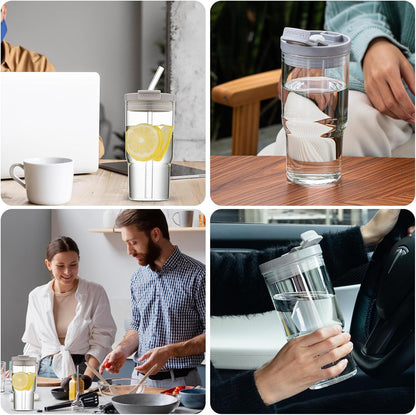 23 Oz Glass Cups with Lids and Straws - Leak-Proof Portable Travel Water Glass Tumbler for Smoothies, Iced Coffee, Matcha, and Cold Beverages - Durable and Eco-Friendly (Grey)