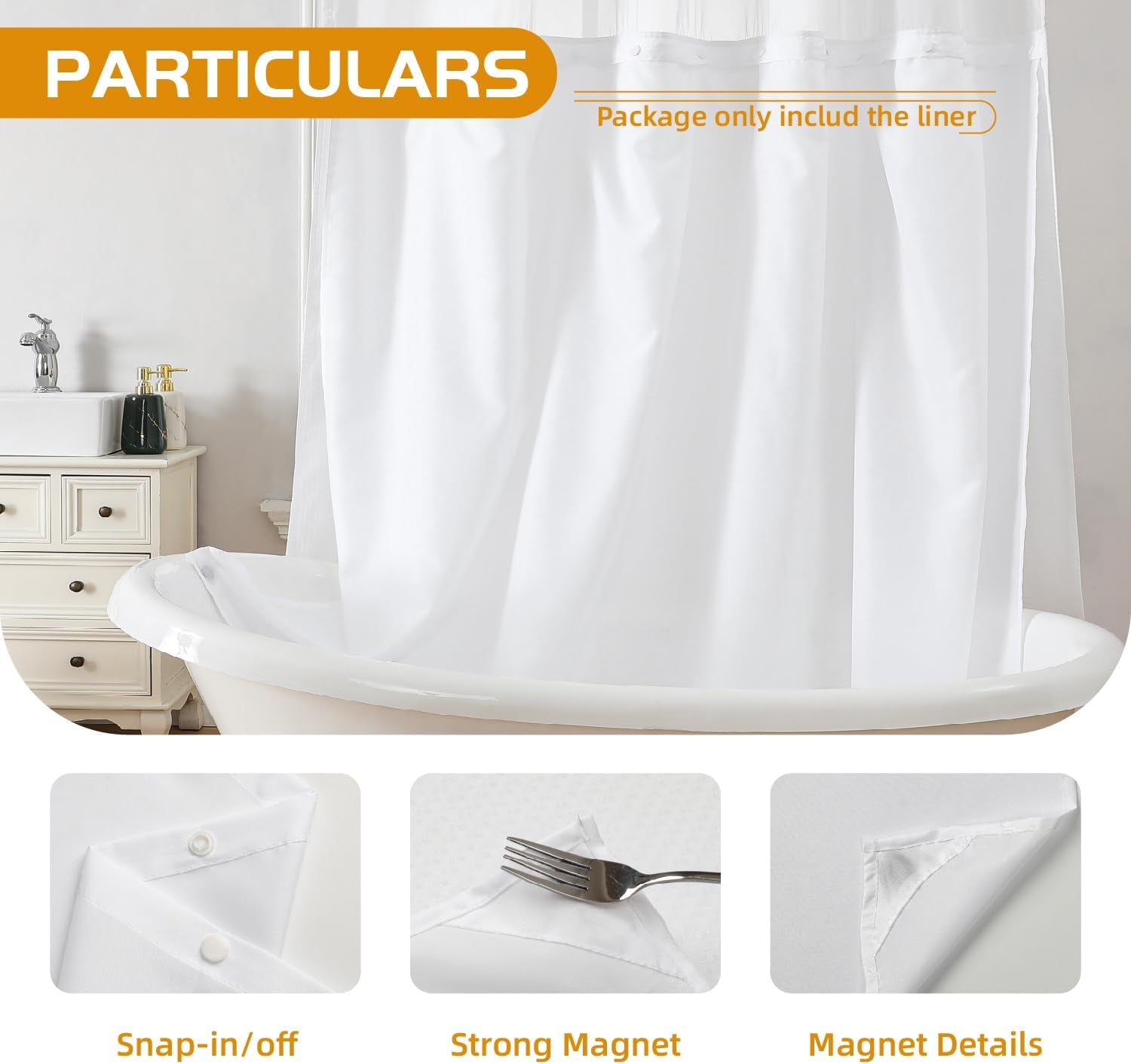 1 Pack Fabric Snap-In Shower Curtain Liner Replacement,Compatible with No Hook Shower Curtain with Snap in Liner, Removable & Water-Repellent,Machine Washable,70X54,White