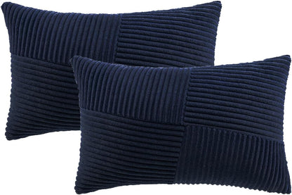 Set of 2 Navy Blue Boho Lumbar Rectangle Decorative Throw Pillow Covers 12X20 Inch with Diagonally Pattern for Couch Bed Sofa, Soft Corduroy Accent Modern Farmhouse Home Decor 30X50 Cm