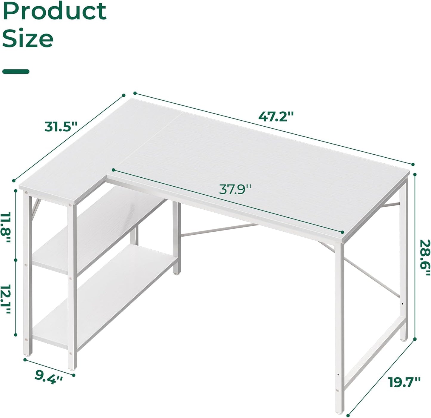 L-Shaped Reversible Corner Gaming Desk - 47" with Metal Frame and White Finish