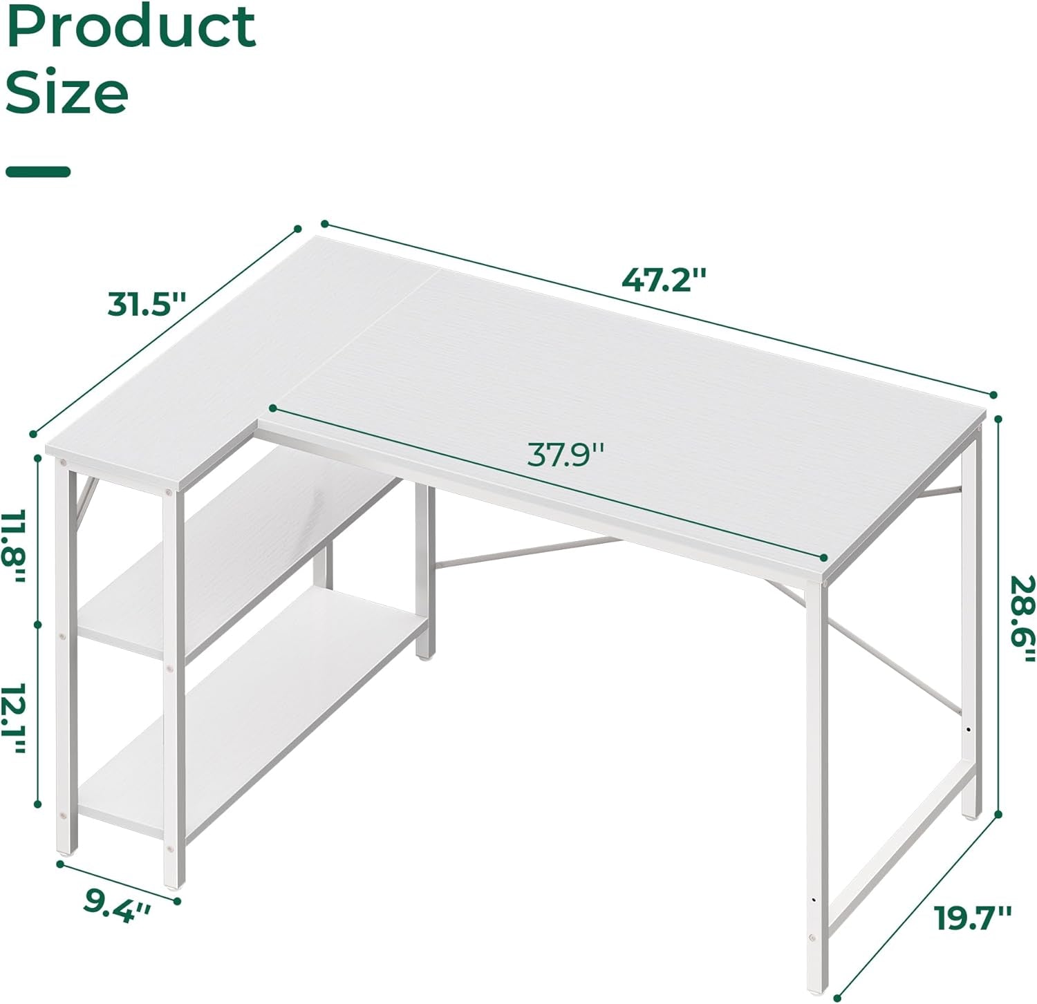 L-Shaped Reversible Corner Gaming Desk - 47" with Metal Frame and White Finish