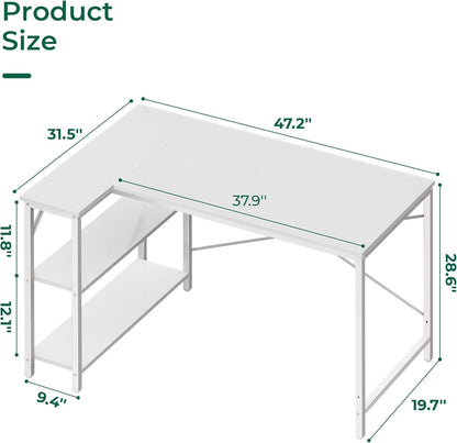 L-Shaped Reversible Corner Gaming Desk - 47" with Metal Frame and White Finish