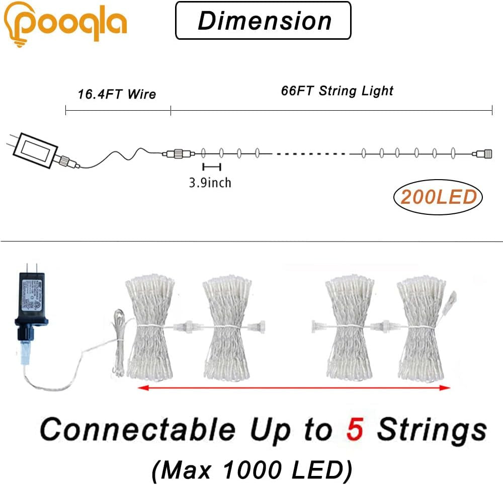 Halloween Lights, 66 Ft 200 LED Indoor Outdoor Halloween String Lights Plug In, Connectable 8 Modes Clear Wire Twinkle Fairy String Lights for Xmas Tree Decoration Clear Wire, Orange and Purple
