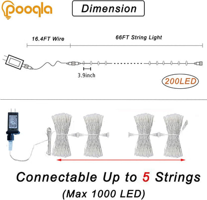 Halloween Lights, 66 Ft 200 LED Indoor Outdoor Halloween String Lights Plug In, Connectable 8 Modes Clear Wire Twinkle Fairy String Lights for Xmas Tree Decoration Clear Wire, Orange and Purple