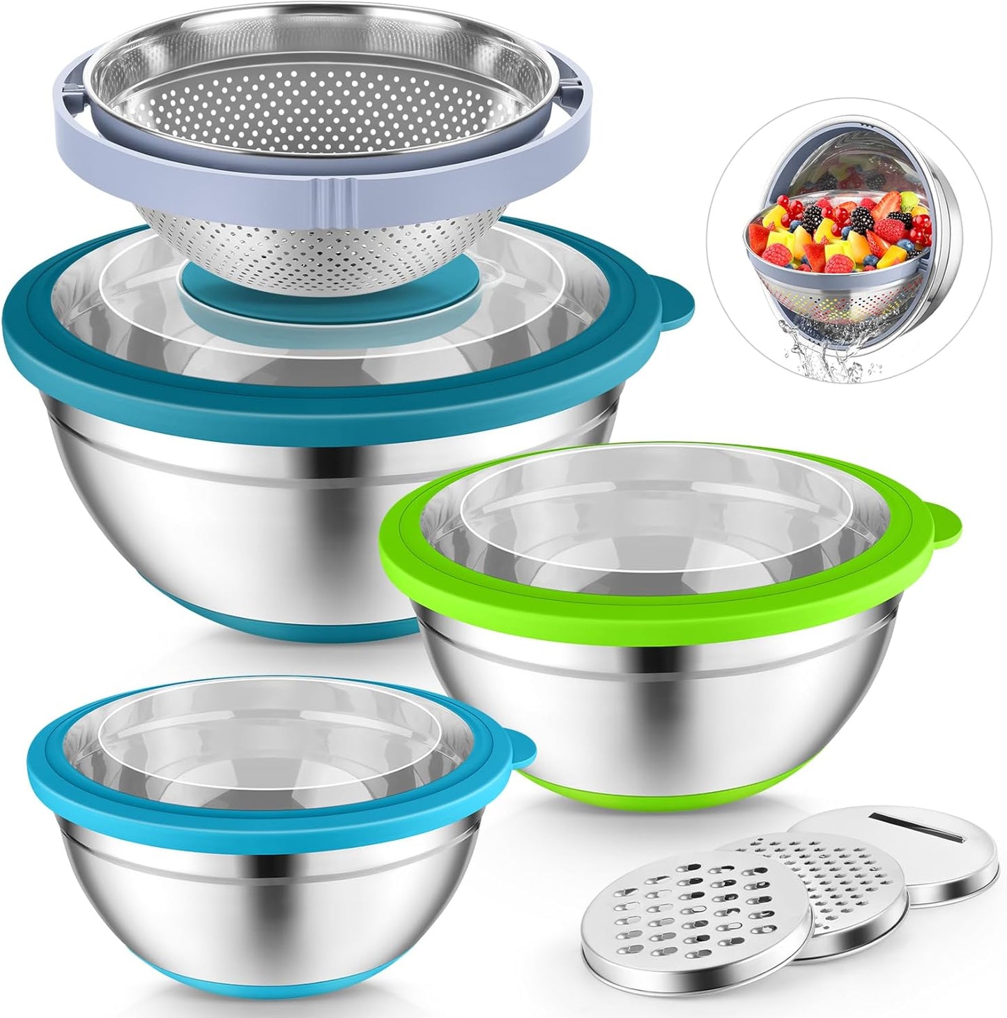 Mixing Bowls with Lids Set of 3, Stainless Steel Mixing Bowl and Colander for Kitchen, 3 Grater Attachments & Non-Slip Bottoms, Visible & Airtight Lid, Multicolor