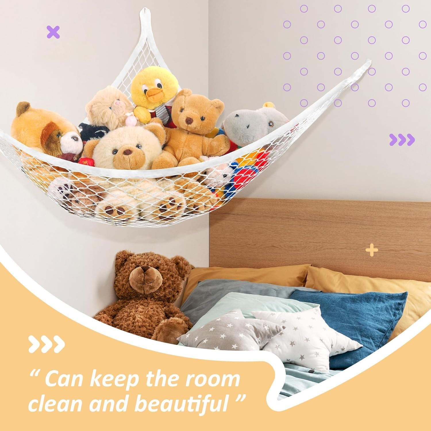 Stuffed Animal Net Hammock for Plushie Toys, Stuffed Animal Hammock Corner for Kids' Room Decor, Ideas for Organizing Stuffy Collection, 1 Pack, White