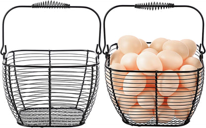 Set of 2 Black Square Wire Egg Baskets with Handles - Ideal for Collecting Fresh Chicken and Duck Eggs, Countertop Storage Solution