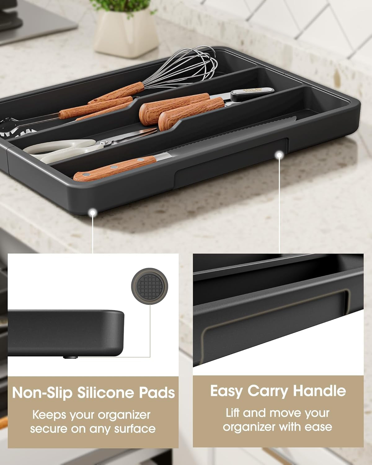 Silverware Organizer - Expandable Utensil Drawer Organizer with Non-Slip Pads, Adjustable Kitchen Drawer Organizer for Home, Apartment and Kitchen Essentials, Black, 13.6" X 1.4" X 11.0"~19.9"