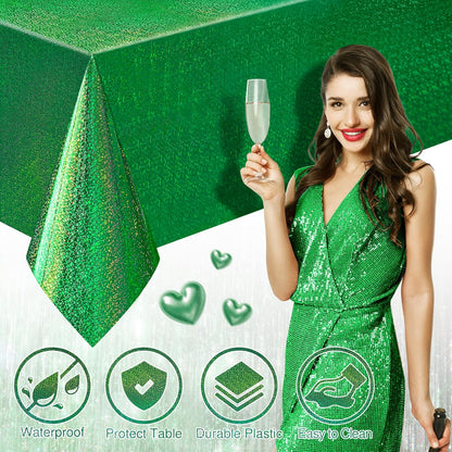 Set of 2 Dark Green Holographic Foil Tablecloths - 54x108 Durable Table Covers for Elegant Events, Ideal for Parties, Weddings, and Showers