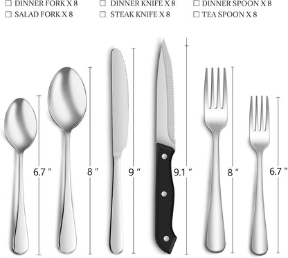 30-Pack Silverware Set with Steak Knives, Food-Grade Dishwasher Safe, Stainless Steel Utensils Set Includes Spoons Forks Knives for Home Restaurant Hotel
