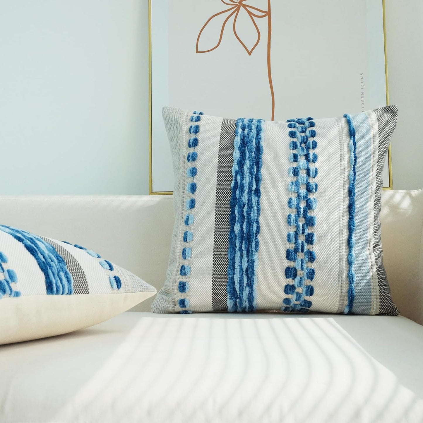 Pack of 2 Boho Throw Pillow Covers Accent Striped Pillowcovers Farmhouse Decorative Cushion Case Home Decor 18 X 18 Inch Blue