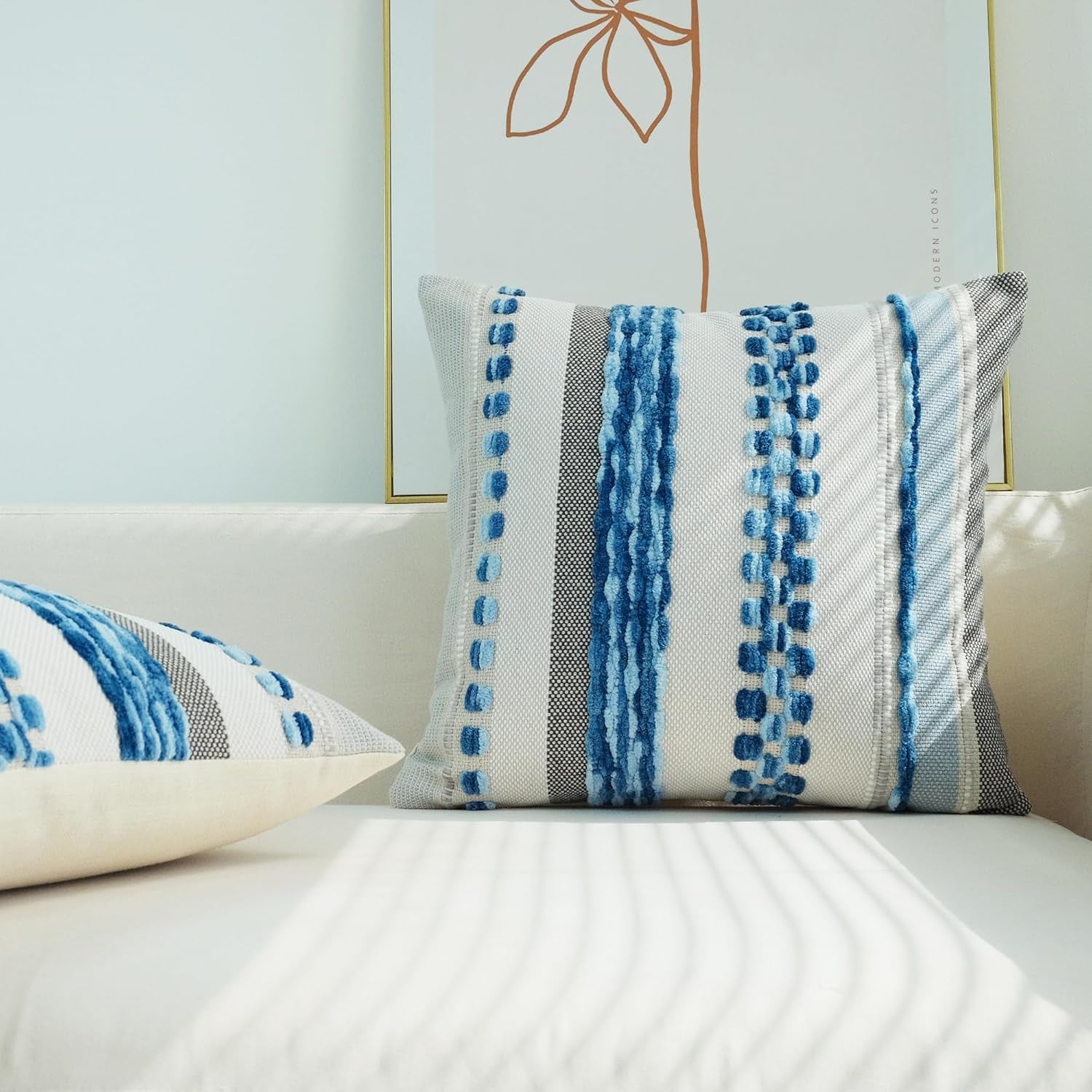 Pack of 2 Boho Throw Pillow Covers Accent Striped Pillowcovers Farmhouse Decorative Cushion Case Home Decor 18 X 18 Inch Blue