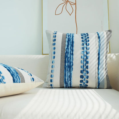 Pack of 2 Boho Throw Pillow Covers Accent Striped Pillowcovers Farmhouse Decorative Cushion Case Home Decor 18 X 18 Inch Blue