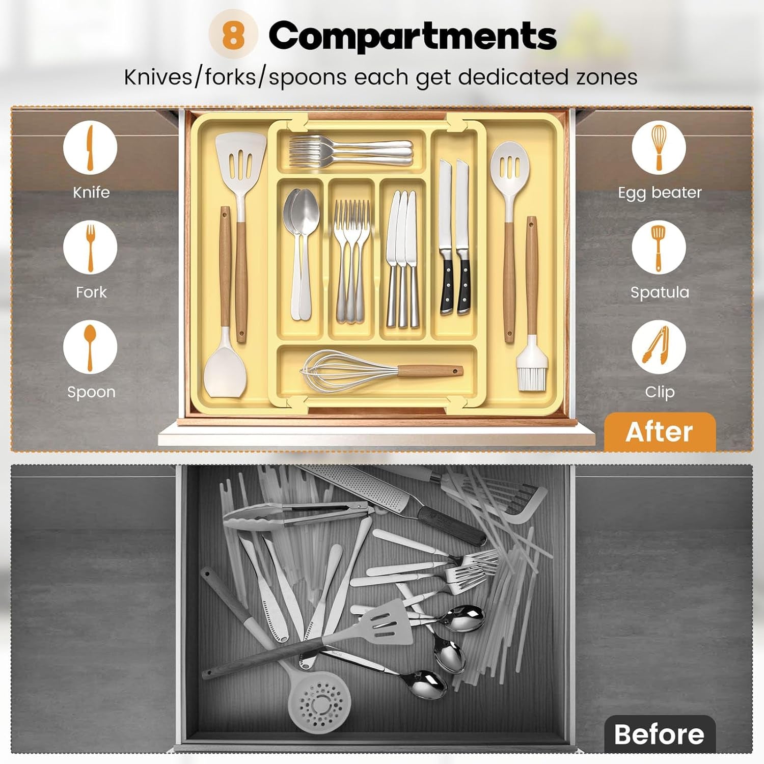 Expandable Large Silverware Organizer for Kitchen Drawers - BPA-Free Thick Plastic with Wider Compartments and Non-Skid Feet (Desert Sand)