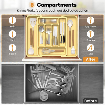 Expandable Large Silverware Organizer for Kitchen Drawers - BPA-Free Thick Plastic with Wider Compartments and Non-Skid Feet (Desert Sand)
