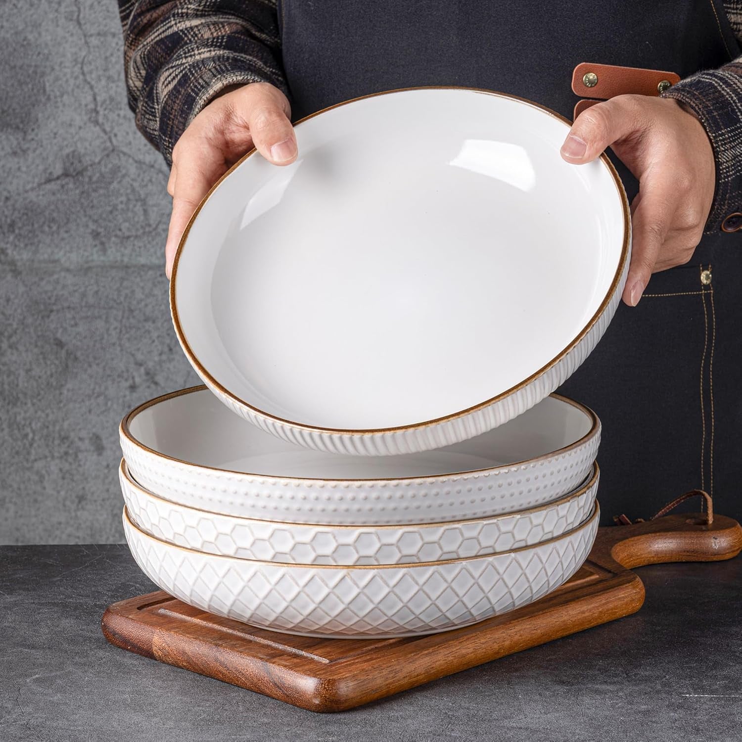 Set of 4 Off-White 9.5'' Large Stoneware Pasta and Salad Bowls - 42 Ounce Ceramic Serving Bowls with Textured Design for Pasta, Fruit, Stews, and Noodles - Ideal Housewarming Gift
