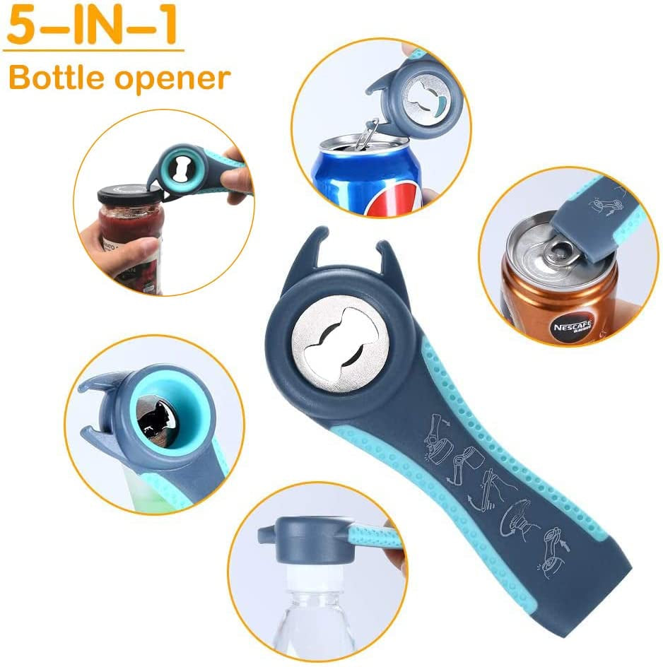 Ergonomic Jar, Bottle, and Can Opener with Rubber Gripper Pad and Corkscrew for Enhanced Accessibility for Seniors and Individuals with Limited Hand Strength