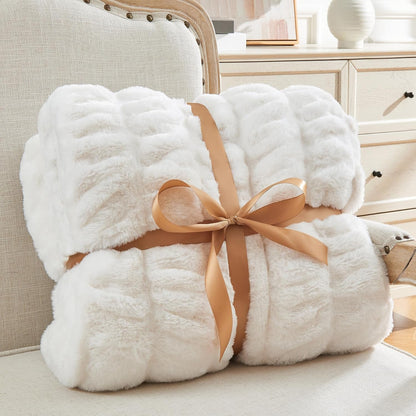 Faux Fur Throw Blanket for Couch, Soft and Cozy Boho Ruched Fluffy Blanket, Warm Plush Fuzzy Faux Rabbit Fur Blanket for Women Gift (Cream, 50"X 60")