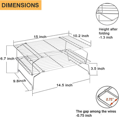 Cooling Rack Set of 2, 2-Tier Stackable Stainless Steel Wire Racks for Baking Cooking Cooling Roasting, Collapsible & Heavy Duty, Oven Safe & Easy Clean, 15" X 10", Silver
